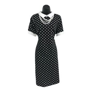 Black & white polka dot peter pan collar pearl necklace sheath dress size 14 new